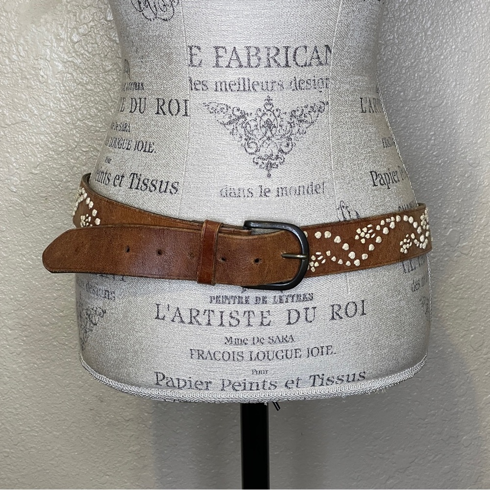 ABERCROMBIE & FITCH Women’s Brown Ivory Leather Embroidered Waist Belt Sz Large